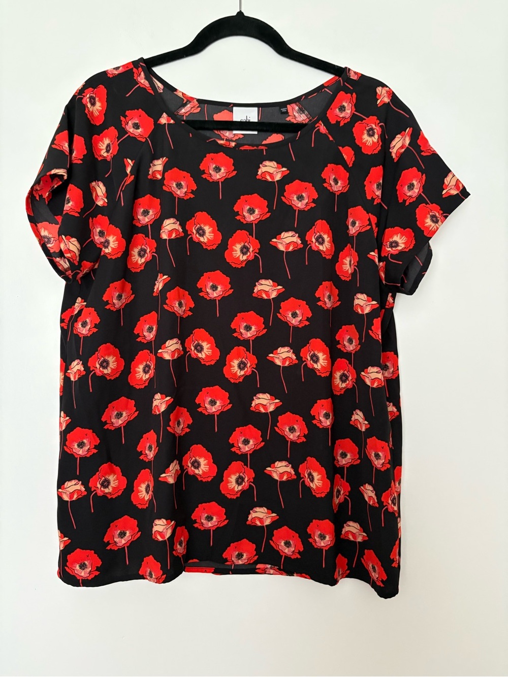 CAbi Black Short-Sleeve Top with Red Floral Print